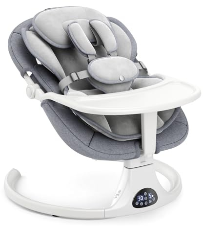 Babywippe Elektrisch Swing für Kinde - Bluetooth Babyschaukel bis 9 kg, Klappbar Wippe Baby Wippe baby mit 5 Schwinggeschwindigkeiten, 3-stufigem Timer und Fernbedienung, Insektennetz (grau)