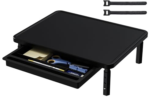 ETHU Supporto per monitor regolabile a 3 altezze, alzata da scrivania in legno con cassetto portaoggetti per monitor e stampante portatile, organizer da scrivania da 37,5 x 28,5 cm, può contenere 25
