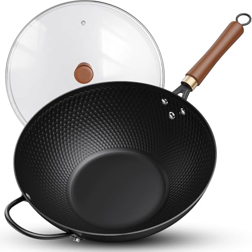 Jobin 33 cm/13'' Wok Non Stick with Lid, Carbon Steel Wok with 2 Handles | Large for Cook Asian Dishes for 4-6 People, Stir Fry Pan for Induction Gas Electric Ceramic Hobs, Pre-Seasoned, PFOA Free