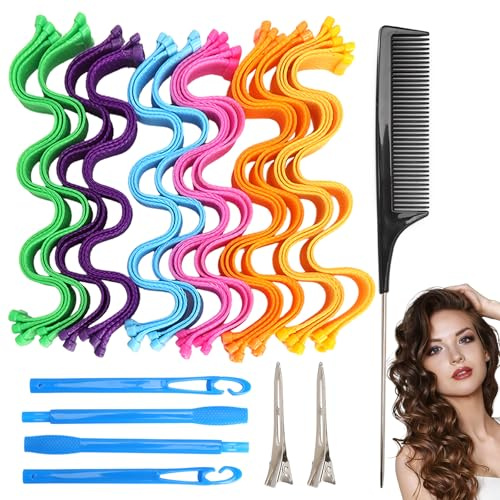 35 Stück Lockenwickler Set, Locken Wave Styling Kit, Haar Lockenwickler Hair Curler mit Styling Haken für Alle Frisuren Lockenwickler Über Nacht Magic Lockenwickler Spiral Curls Wave (30cm)