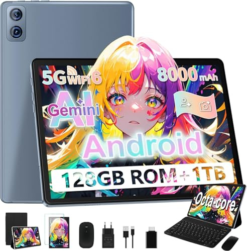 Dghrti 2026 Tablet 10 Pollici Android, [8000mAh/128GB ROM], 22GB RAM/TF 1TB, Gemini AI, Octa-Core, UFS 2.1 Flash, BT 5.0, 5G WiFi 6, 8+5MP, Widevine L1, Corpo in Metallo, Con Tastiera e Mouse, Grigio