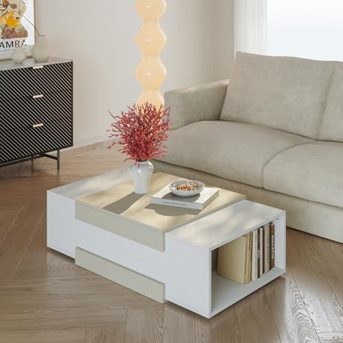 [en.casa] Couchtisch Eljak Wohnzimmertisch 110 x 57 x 31 cm Sofatisch mit 2 offenen Ablagefächern Beistelltisch rechteckig Kaffeetisch Weiß/Sandfarben