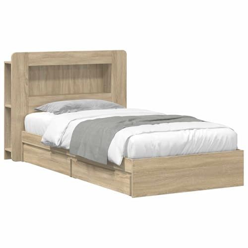 vidaXL Bettgestell mit Stauraum Sonoma-Eiche 90 x 190 cm Holzwerkstoff, Modernes Schlafzimmer, rechteckige Form, Holzbettgestell, platzsparender Stauraum, funktionale Basics