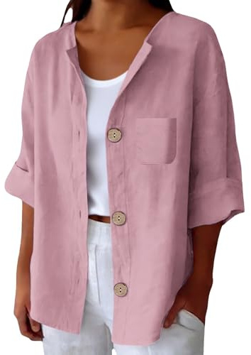 Camicia Lino Donna Maniche Tre Quarti Girocollo Estiva Moda Camicie Elegante Blusa Casual con Bottoni e Tasca Camicetta da Spiaggia Classico Leggera Comoda Lavoro Viaggi Uso Quotidiano