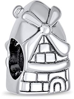 Bling Jewelry Tourism Travel Vacation Landmark Holland Dutch Windmill Charm Bead For Women For Teen Oxidized .925 Sterling Silver Fits European Bracelet