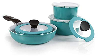 Neoflam 52102 Kochgeschirr-Set, Antihaftbeschichtung, Aluminiumguss, platzsparendes Design, Smaragdgrün, 9-teilig Midas PLUS, Aluminium Keramik