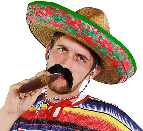 Sombrero mexicain de luxe pour femme, vert en relief – Grand chapeau de paille sauvage + fausse moustache + cigare accessoire idéal pour enterrement de vie de jeune fille, fête sur la plage, été