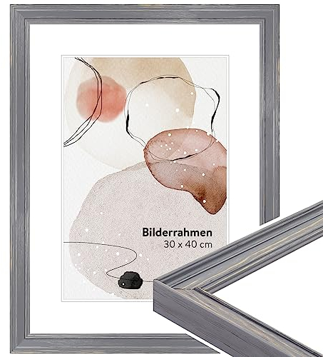 WANDStyle Bilderrahmen Grau, gemasert DIN A3 29,7x42 cm aus Holz im Landhaus-Stil zum Aufhängen, Posterrahmen Made in Germany - H470