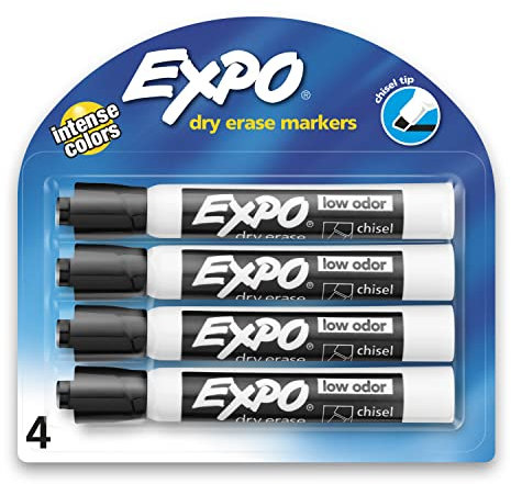 EXPO Low Odor Dry Erase Markers, Chisel Tip, Black, 4 Count