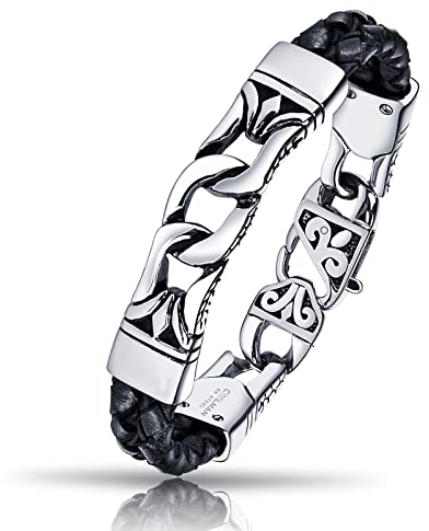 COOLMAN Herren Lederarmband schwarz 22.3 cm mit Edelstahl Verschluss Armbänder Tolles Geschenke für Männer (mit Schmuckschatulle)