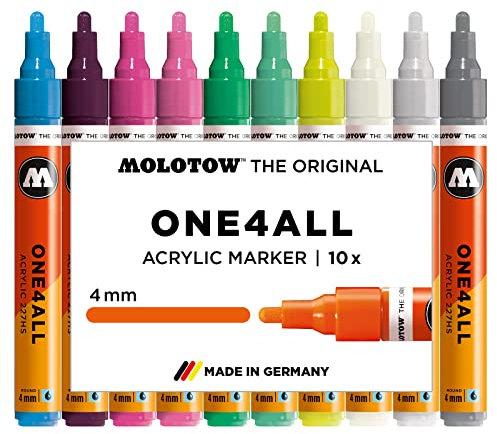 Molotow One4All 227HS Acryl Marker Basic-Set 3 (4,0 mm Strichstärke, hochdeckend und permanent, UV-beständig, für fast alle Untergründe) 10 Stück sortiert