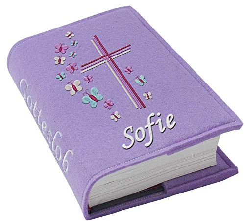 Gotteslob Gotteslobhülle Kreuz Schmetterlinge lila pink Filz mit Namen bestickt hellgrau weiß dunkelgrau blaugrau dunkelblau türkis maigrün flieder Mädchen, Farbe:flieder