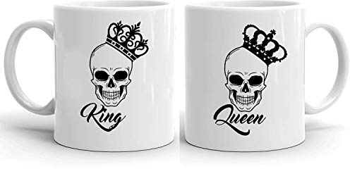 Skull King Queen - tasses à café ensemble de 2 ensemble de tasse de café cadeau de mariage, mariage Couple de la Saint-Valentin Couple amis, tasse:Blanc