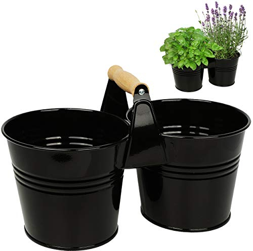 alles-meine.de GmbH doppelter 2er - Metall - Blumentopf/Pflanzkübel/Pflanzschale - mit Holzgriff/Henkel - schwarz - 34 cm - RUND - frostsicher - MITTEL groß - Eimer/Dekot..