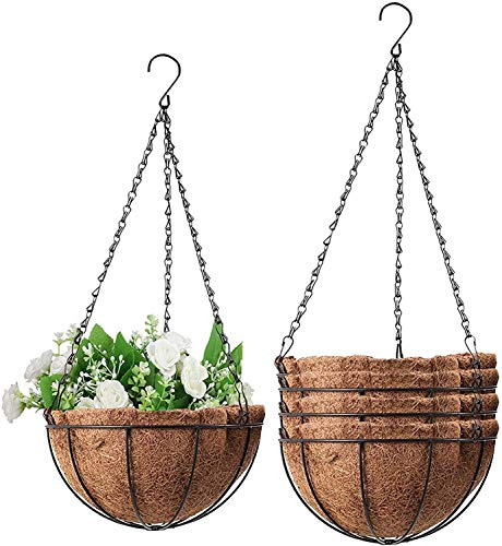 Fun Lites 5PCS Metal Hanging Planter Basket with Coco Coir Liner 10 Inch Round Wire Plant Holder Porch Decor Flower Pots Hanger Garden Decoration Watering Hanging Baskets for Indoor Outdoor