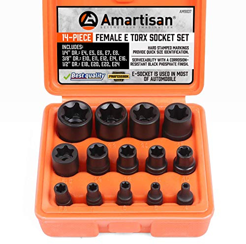 Amartisan 14 PC E Torx Star Female Bit Socket Set 1/2/3/8/1/4 Drive E4 -E24