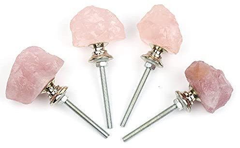 Malimali Natural Rose Quartz Knobs for Cabinets and Drawers Set of 4,Pink Dresser Knobs and Pulls Crystal Closet Knobs for Bifold Doors Cupboard Wardrobe Kitchen Bathroom