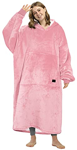 Kato Tirrinia Übergroße Lang Hoodie Decke mit Ärmeln Deckenpulli, Warme Kuschelpulli Decke Geschenke für Damen Herren, Weiche Ärmeldecke Tragbare Decke zum Anziehen, Rosa-Lang