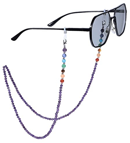 KYEYGWO Amethyst 7 Chakren Stein Perlen Brillenkette für Damen und Herren, Reiki Kristall Brillenband Edelstein Brillenkordel Mode Kette Brillenschnur für Sonnenbrillen, Myopiebrille, Lesebrillen
