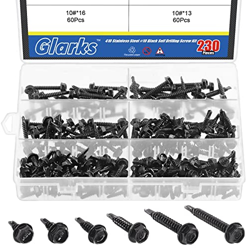 Glarks 230Pcs 410 Stainless Steel #10 Hex Washer Head Self Drilling Screws Assortment Kit 6 Size Black #10x1/2, 10x5/8, 10x3/4, 10x1, 10x1-1/4, 10x1-1/2 Sheet Metal Screws with Drill Point
