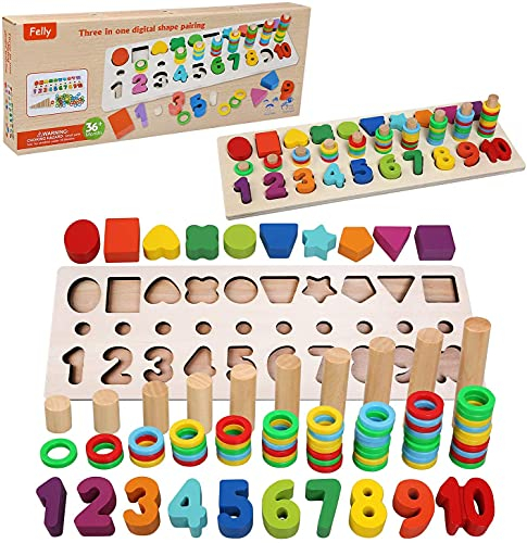 Felly Montessori Spielzeug ab 3 Jahre, 2 in 1 Kinder Lernspielzeug Motorik Spielzeug Puzzles, Puzzlespiel Holzblöcke Holz Lernen Zahlen - Ideal für das frühe Lernen im Baby Kleinkinder