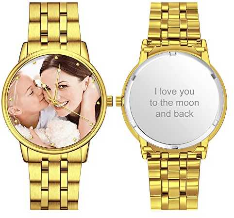VEELU Personalisierte Foto Armbanduhr für Herren Uhr mit Foto Analog Metallarmband in Klassisch Zifferblatt Wasserdicht
