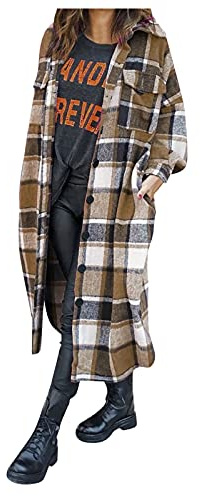 IQYU Veste en bois pour femme - Doublée - Veste à carreaux pour femme - Manteau pour femme - Veste d'hiver à manches longues - Élégant manteau en laine long trench-coat à carreaux - Veste de chemise