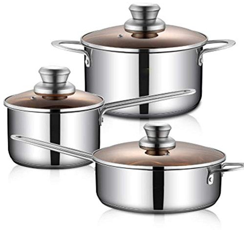 WIQUYBML Topfset 3-teilig Edelstahl Saucekitchen Gourmet Pfanne mit Glasdeckel Saucekitchen Gourmet Pfanne Set Stabiler GriffTopf Set Töpfe, Suppentopf, Wok, Kochtopf, Gas-Induktionsherd ist Universe