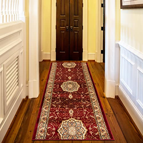 Mazovia Teppich Läufer Flur - Orientalisch Teppichläufer - Kurzflor Flurläufer für Vorzimmer, Schlafzimmer, Küche - ÖKO-TEX Zertifiziert - Meterware Rot - 70 x 350 cm