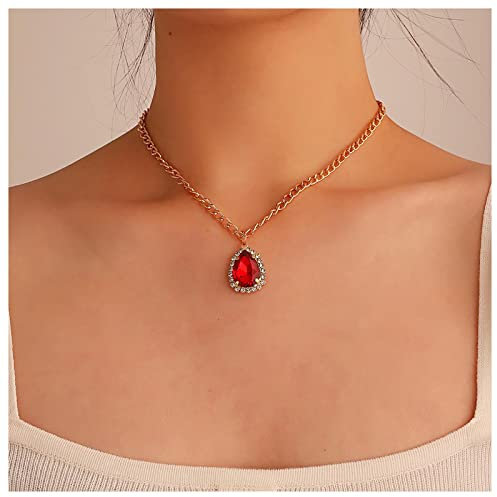 Inilbran Boho Wassertropfen Rubin Anhänger Halskette roter Tropfen Edelstein Choker Halskette Gol CZ ovale Kristall Halskette Vintage Rot Kristall Kette Halskette Schmuck für Frauen und Mädchen