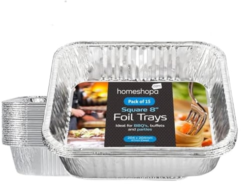 Homeshopa Bandejas de aluminio de 8 pulgadas, paquete de 15 recipientes cuadrados desechables de papel de aluminio, ideales para preparación de comidas, hornear, asar, congelar y almacenar alimentos,