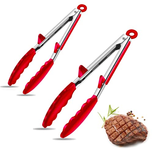 Silicone Tongs for Air Fryer, 2 Pack, Red Color, Premium Silicone BPA Free Non-Stick Stainless Steel Locking Food Tongs, 9-Inch and 12-Inch