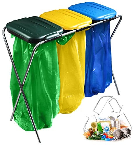 KADAX Triple Bin Bag Holder, Rubbish Bag Stand in 5 Colour Versions, Stand for Waste Separation with Plastic Lid, Bin Bag Holder for 120 L Bags (Green/Yellow/Blue)