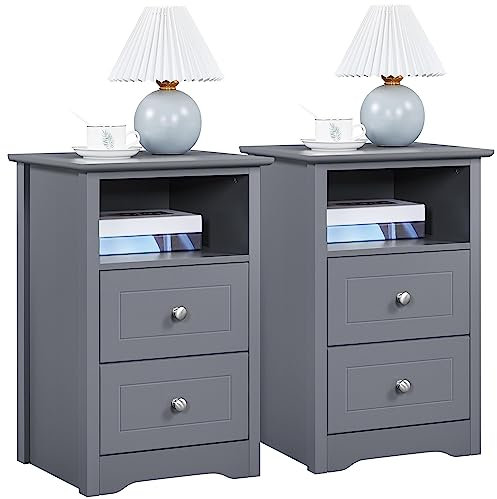 Yaheetech Lot de 2 Table de Chevet 2 Tiroirs, Table de Nuit en Bois, Table d'Appoint Salon, 1 Casier, Style Moderne, 40 × 35 × 60 cm