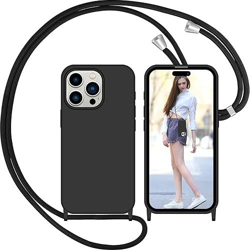 Nupcknn Silicone Liquide Coque avec Cordon pour iPhone 15 Pro Max, Anti-Jaunissement Coque Antichoc Housse Collier Réglable Téléphone Étui Portable Lanyard Case Protection Complète Cover(6.7,Noir)