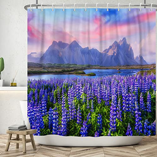 ASDCXZ Rideau de Douche Pittoresque 180x200 cm, Paysage Naturel Gracieux Violet Lavande Fleur Mer Montagnes Lavables Textile Rideau de Bain imperméable pour Baignoire avec 12 Crochets