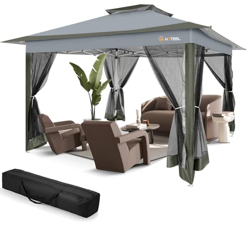 COBIZI Garten pavillon 3x3 Wasserdicht Stabil Winterfest, 3,65x3,65m Pop Up Pavillon Mit Moskitonetz, Doppeldach Faltbarer Pavillon, Faltpavillon mit Sandsack für Hinterhof,Rasen(Dunkelgrau Upgrde)