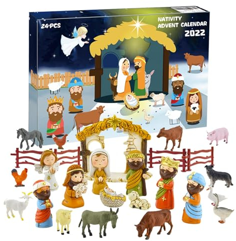 PHASZ Krippen-Adventskalender für Kinder, Weihnachtskrippen-Adventskalender, Krippen-Set, Kinder, Adventskalender 2023, niedliches Krippen-Szenen-Set für Wohnzimmer
