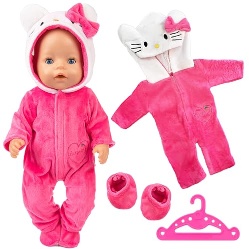 Puppenkleidung für Baby Puppen, Kleidung kompatibel mit 35-43 cm New Born Baby Puppen, Enthält Overall, Mütze, Socken und Kleiderbügel, Niedliche rosa Katze aus Baumwolle für Jungen und Mädchen