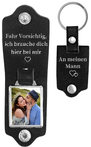 lorajewel Leder Schlüsselanhänger Personalisiert mit Namen Foto Geschenke für Männer - Fahr Vorsichtig, ich brauche dich hier bei mir - Weihnachts Valentinstag Vatertagsgeschenk