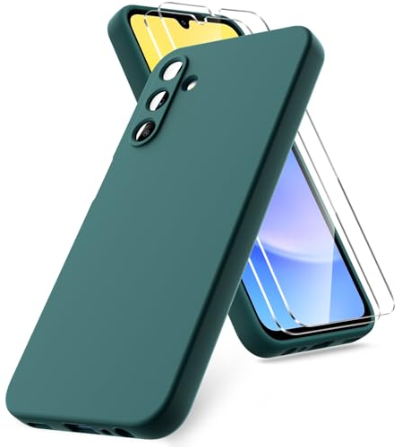 Vansdon Funda Compatible con Samsung Galaxy A15 4G/5G, 2 Unidades Protector Pantalla Cristal Templado, Silicona Líquida Gel Ultra Suave Funda- Verde Noche