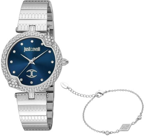 Just Cavalli Uhr + Armband Set Edles - 32 mm, Silber/Blau, Einheitsgröße