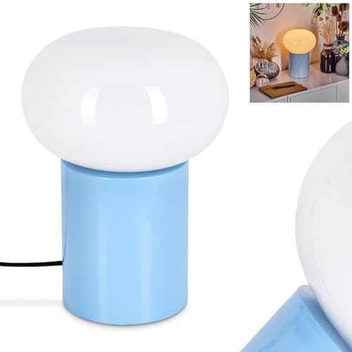 Tischleuchte Godrie, moderne Nachttischlampe aus Metall/Glas in Blau/Weiß, runde Tischlampe im Retro-/Vintage Design, Ø 20 cm, Höhe 27 cm, mit An-/Ausschalter am Kabel, 1 x E27, ohne Leuchtmittel