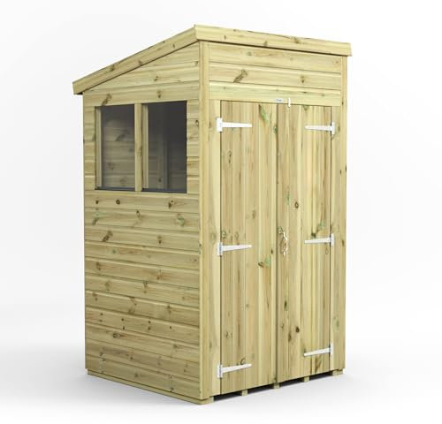 Powersheds High Grade Premium Pressure Treated Pent Double Door Shed Garden Wooden Shed with Heavy Duty Frame, Door & Window Flexibility made from Extra Thick Timber & Toughened Glass (4x4)