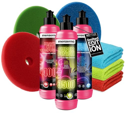 Auto Politur & Versiegelung Set | Menzerna Heavy Cut Compound 400 gegen Kratzer + Super Finish 3500 Hochglanzpolitur + Power Lock Ultimate Protection + 3x Poliertuch 40x40cm + 3x Polierpad 150mm