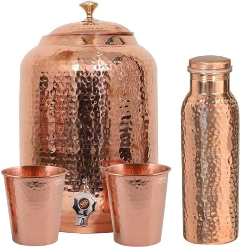 Flfwlass Pure copper drinkware water dispenser - 8L- hammered finish- Pot ayurveda health healing 8 Liter storage capacity water container tank with 2 matching tumbler glasses & 1 copper Bottle