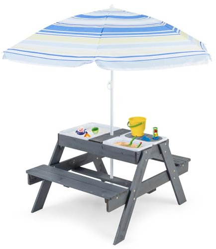 COSTWAY Kids Picnic Table, 4-in-1 Wooden Sand Water Play Table and Bench Set with Adjustable Umbrella, 3 Removable Bins & Lids, Children Garden Furniture Parasol for Girls Boys