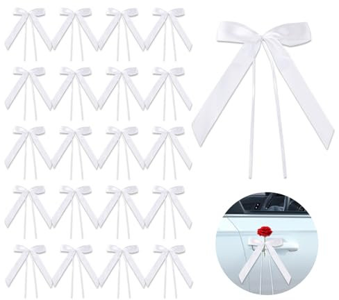 50 Stück Autoschleifen Hochzeit, Antennenschleifen, Handgemacht, Autoschmuck Hochzeit, Weiße Bandschleife, für Hochzeits, Autoschmuck, Zuckerbeutel
