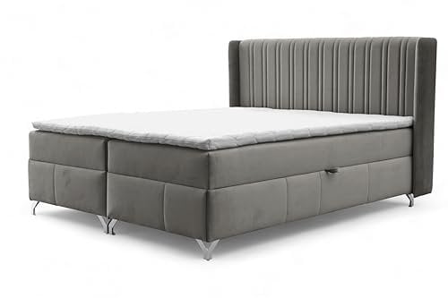 FURNISTAR Boxspringbett Maddie mit Bettkasten Bett mit Topper und Bonellmatratze Polsterbett Familienbett Schlafzimmer Bett mit Stauraum (Grau, 180x200)
