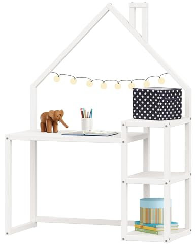 IDIMEX Kinderschreibtisch NIVIA Hausform weiß mit Regal Stauraum gefertigt aus Kiefer Massiv. Stabil langlebig perfekt für Kinderzimmer. Montessori-Möbel ideal für Hausaufgaben oder Bastelarbeiten.